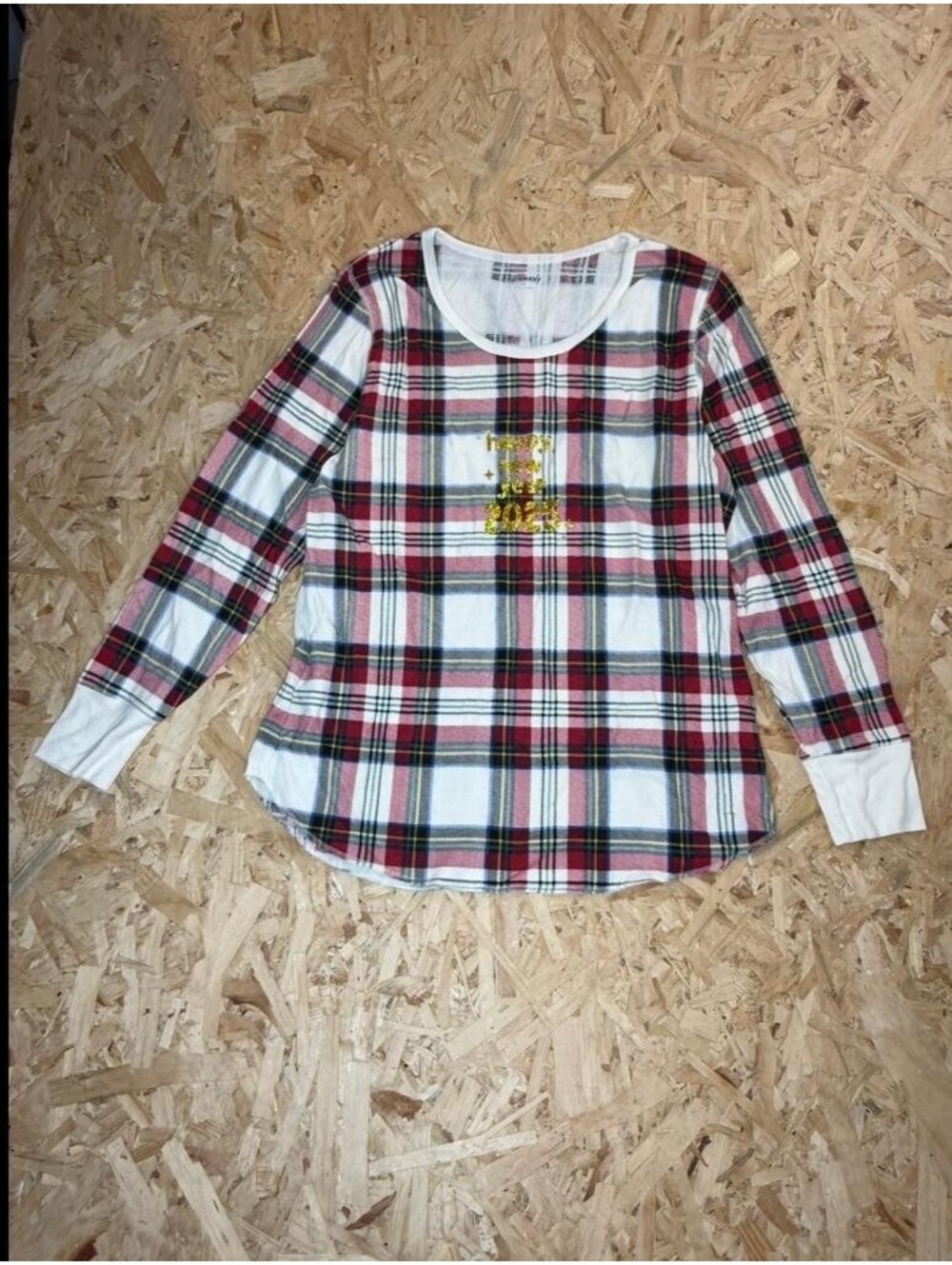 Old Navy Womens XL Pajama Top Red White Plaid Happy New Year 2025 Thermal Knit